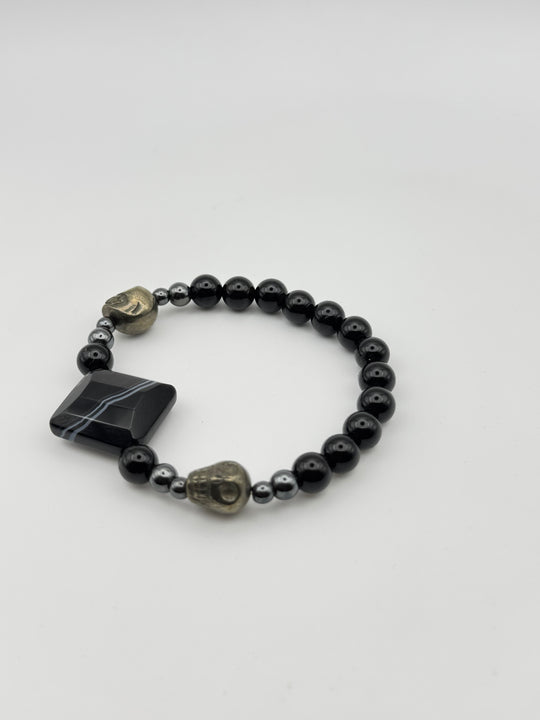 Tiger's Eye and Onyx with Skull Charms Bracelet
