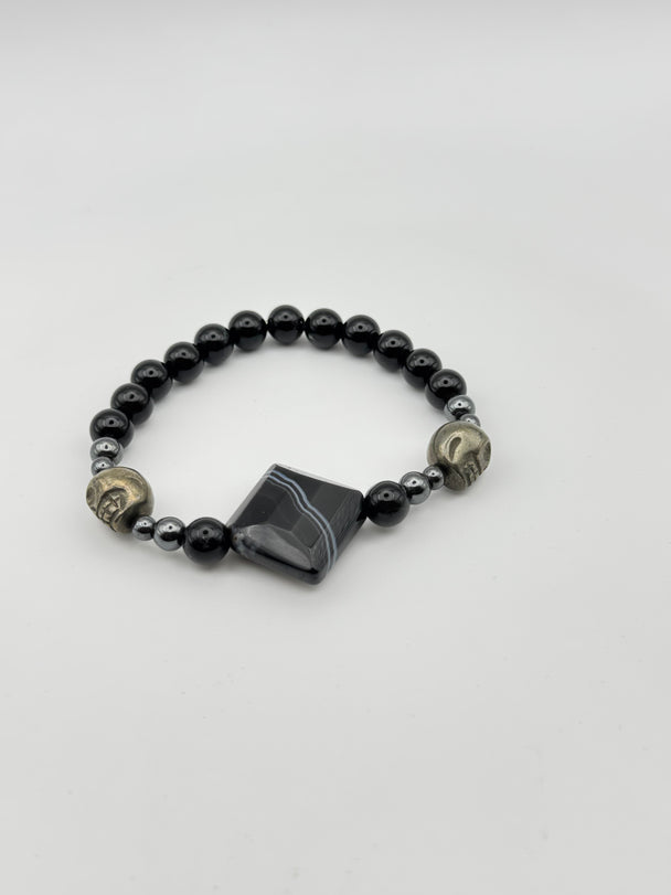 Tiger's Eye and Onyx with Skull Charms Bracelet
