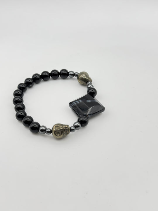 Tiger's Eye and Onyx with Skull Charms Bracelet