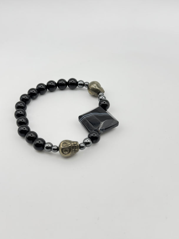 Tiger's Eye and Onyx with Skull Charms Bracelet